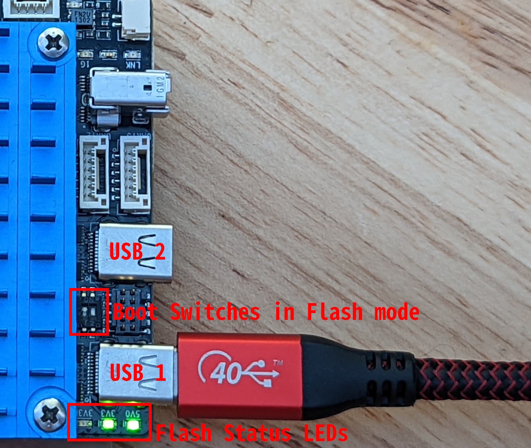 Flash eMMC hookup and status lights.