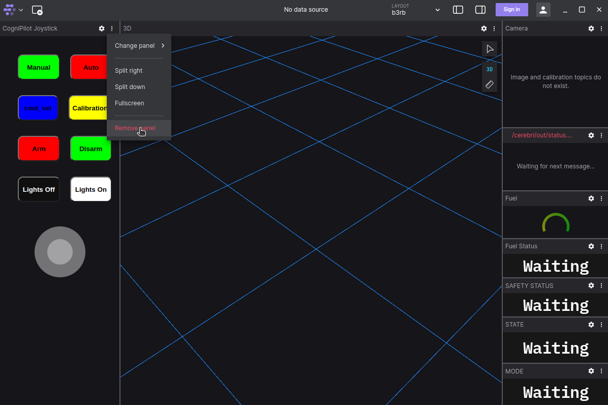 Remove CogniPilot Joystick extension from b3rb.json layout in foxglove.